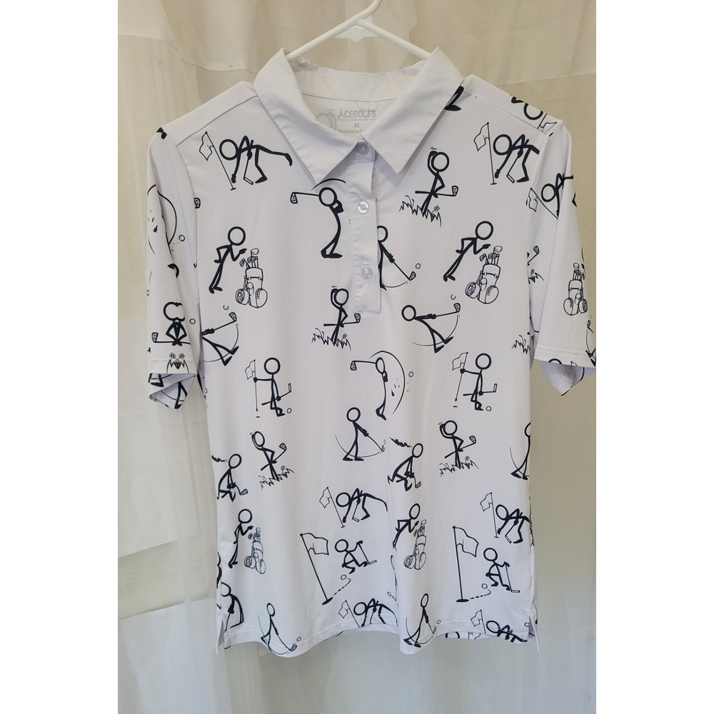 ACEGOLFS Women Golf Hyper-prep Polo Top UPF50+  White/Black Graphic Print Size M